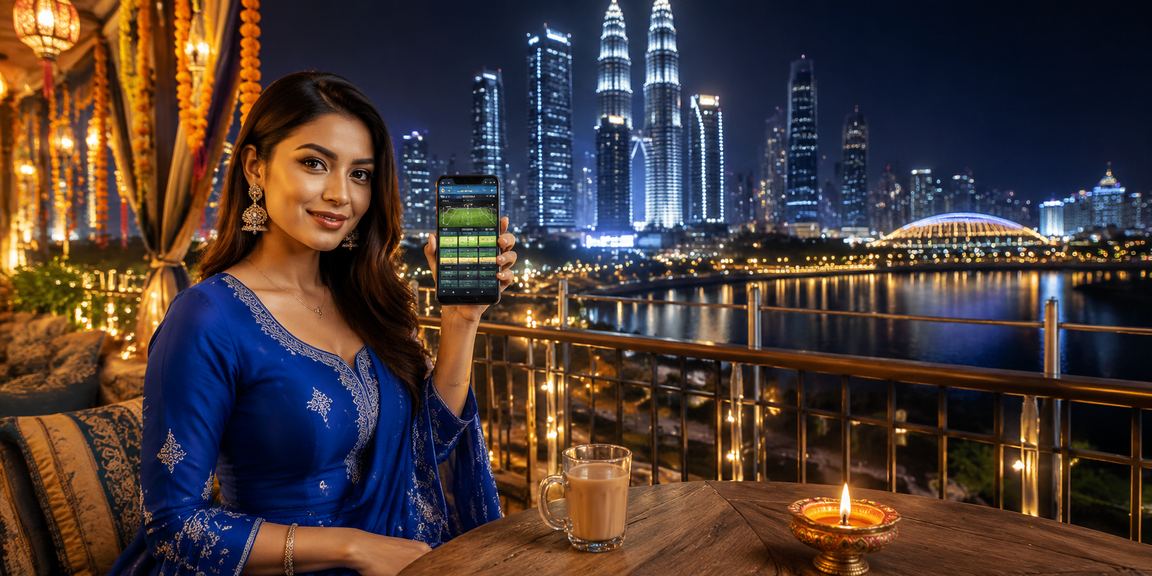 Pemain wanita Malaysia bermain kasino mudah alih dalam pakaian baju kurung menggunakan telefon pintar